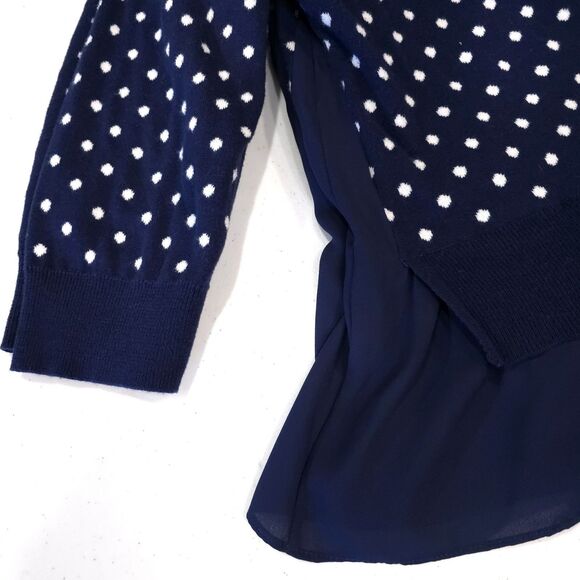 Navy Polka Dot Ruffle Sweater SzM 3/4 Sleeve Preppy Coastal Cottage Soft Stretch - Picture 13 of 13